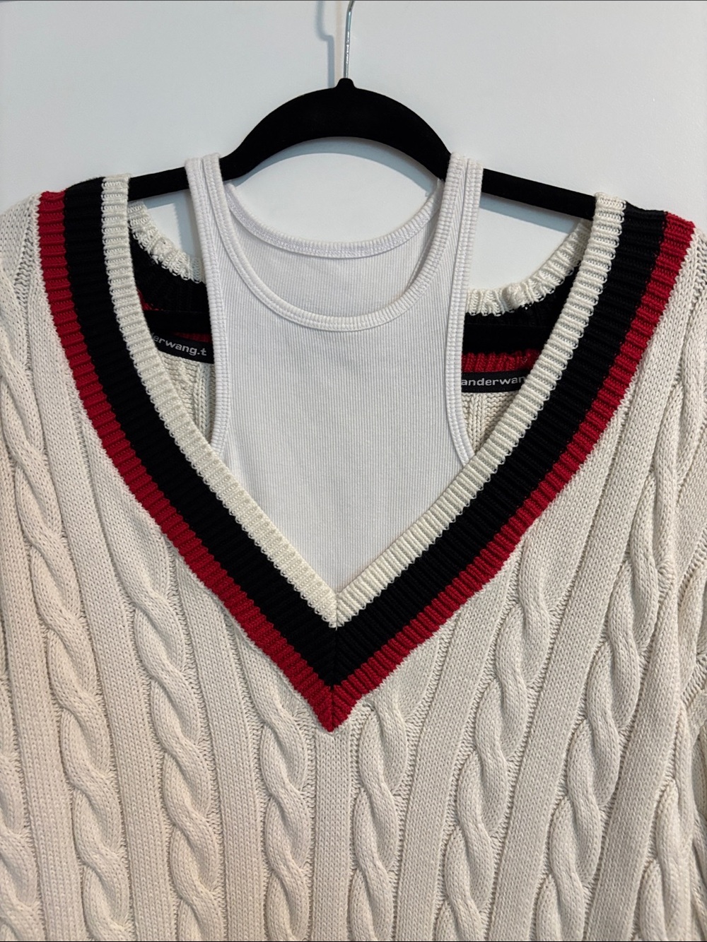 Alexander Wang Cream Cable Knit V-Neck Sweater with Red and Black Trim